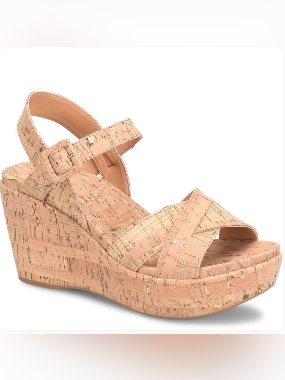 Kork-Ease Pink Cork Platform Wedge Sandal with Gold Accents